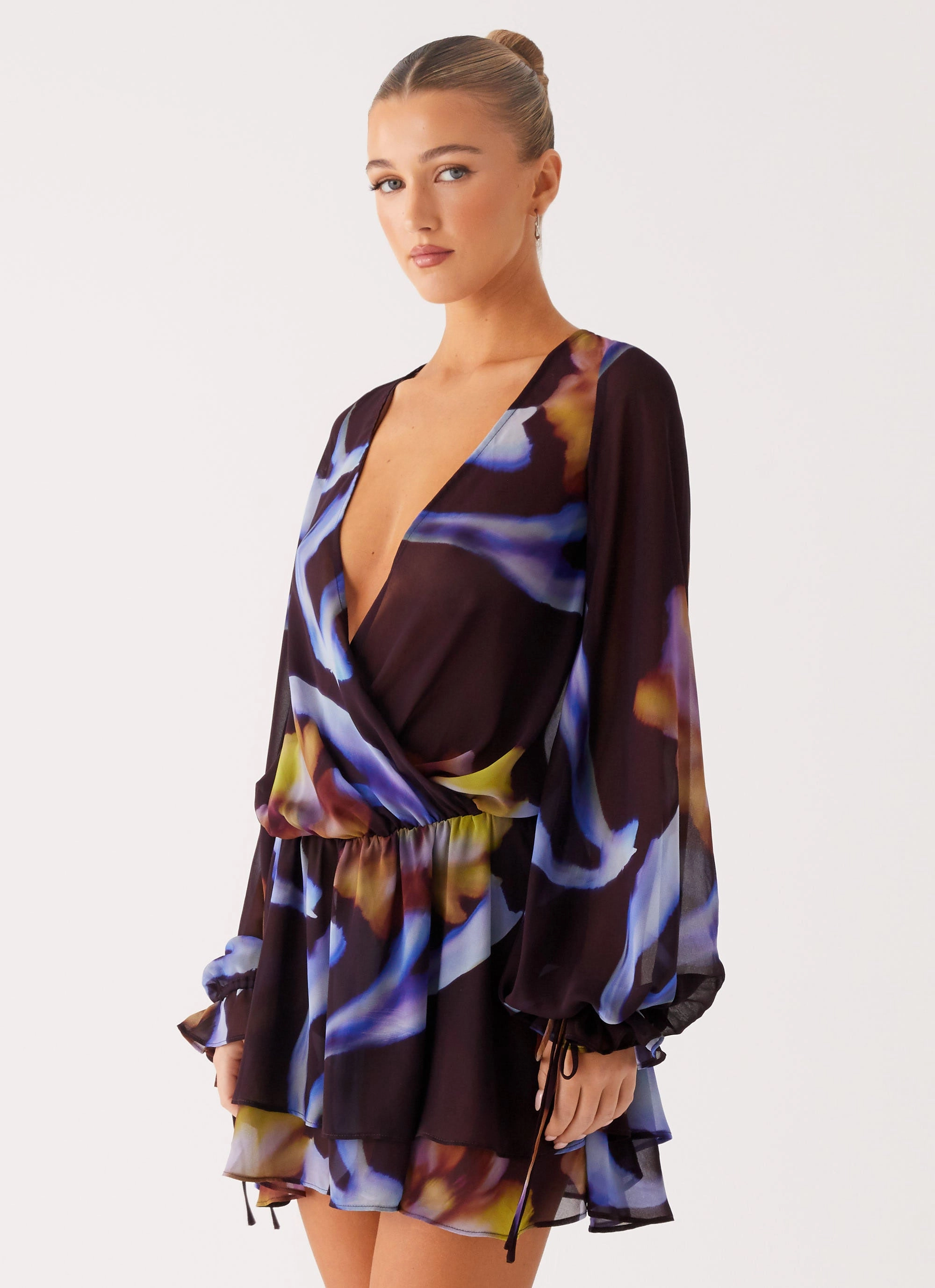 Tulle-Overlay All-Day Comfort Wear Passion Long Sleeve Mini Dress - Dark Floral