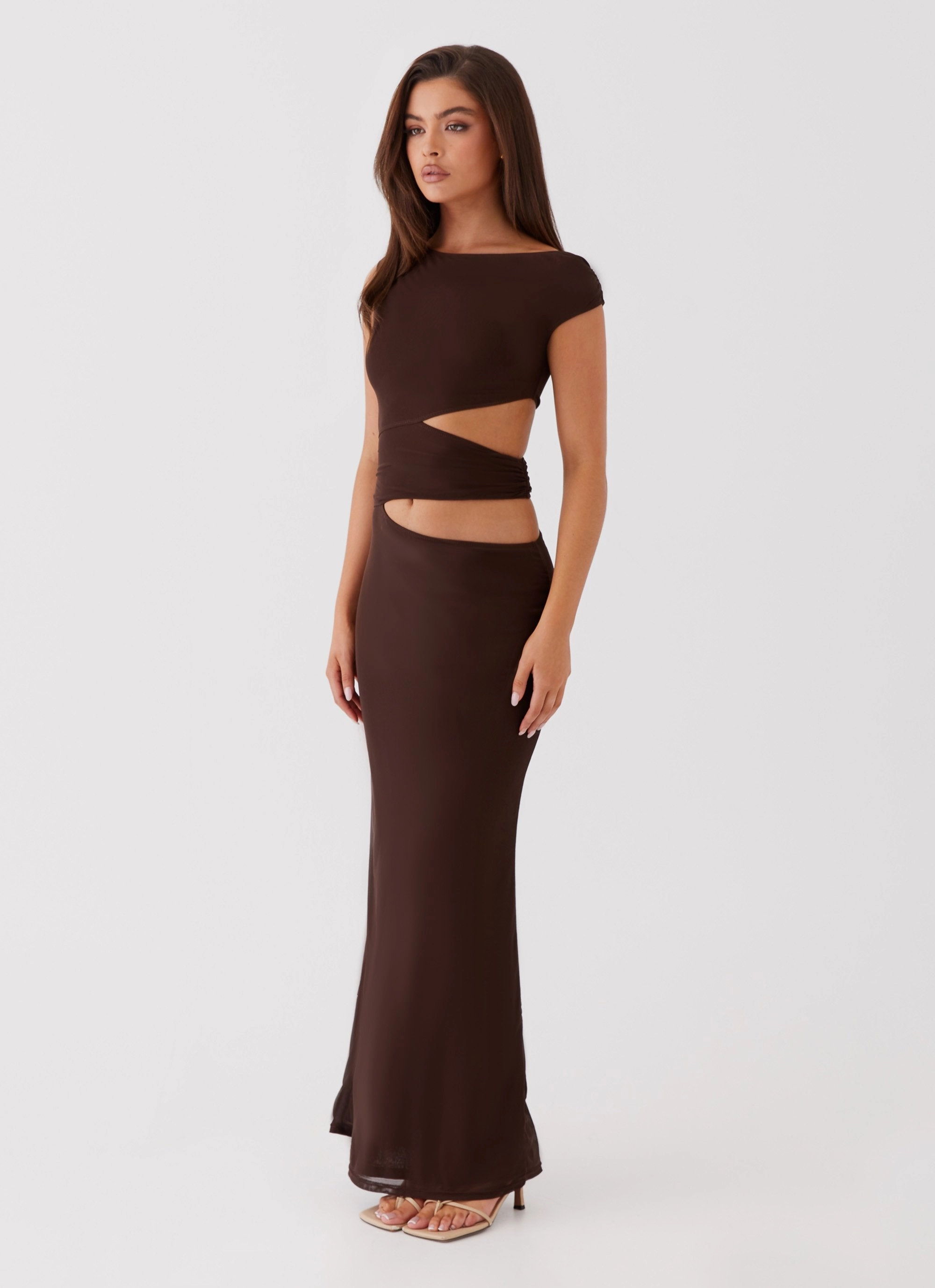 Body Fit Lace-Sleeve Margot One Shoulder Maxi Dress - Chocolate