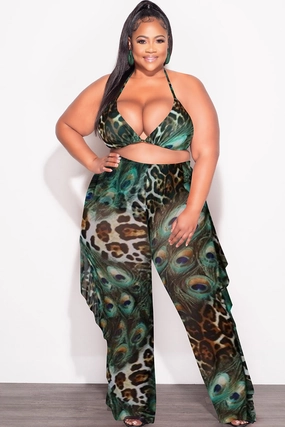 Final Sale Plus Size 3pc Poolside Playsuit Set (Top, High Waist Bottoms & Sheer Ruffle Pants) in Mix Animal Print Odor Control Treatment