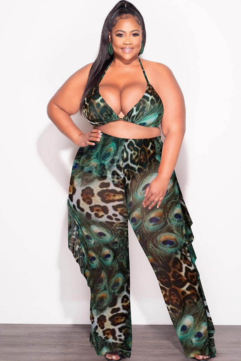Final Sale Plus Size 3pc Poolside Playsuit Set (Top, High Waist Bottoms & Sheer Ruffle Pants) in Mix Animal Print Odor Control Treatment