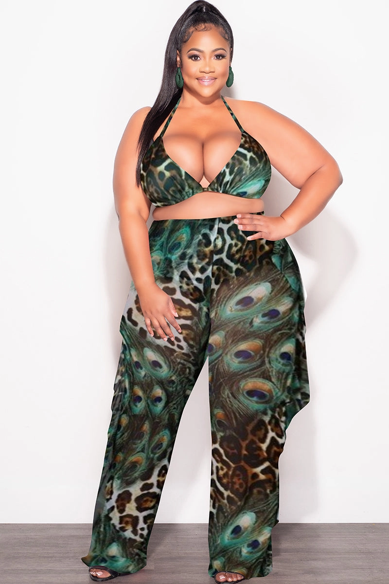 Final Sale Plus Size 3pc Poolside Playsuit Set (Top, High Waist Bottoms & Sheer Ruffle Pants) in Mix Animal Print Seasonless wear Chilly Weather Fit