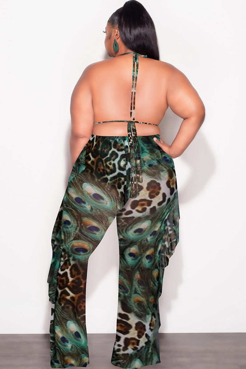 Final Sale Plus Size 3pc Poolside Playsuit Set (Top, High Waist Bottoms & Sheer Ruffle Pants) in Mix Animal Print Stain Resistant Weave