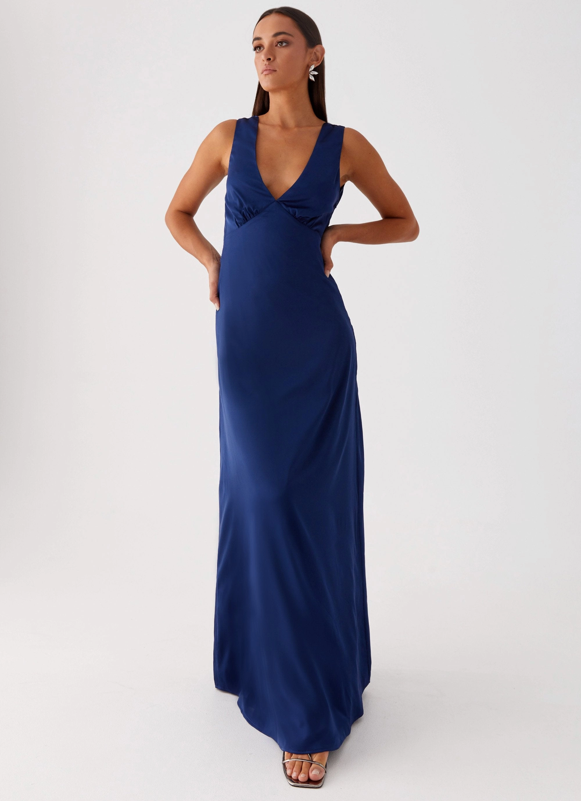 Side-Pocket Luxurious Feel Winnie Cowl Back Maxi Dress - Navy