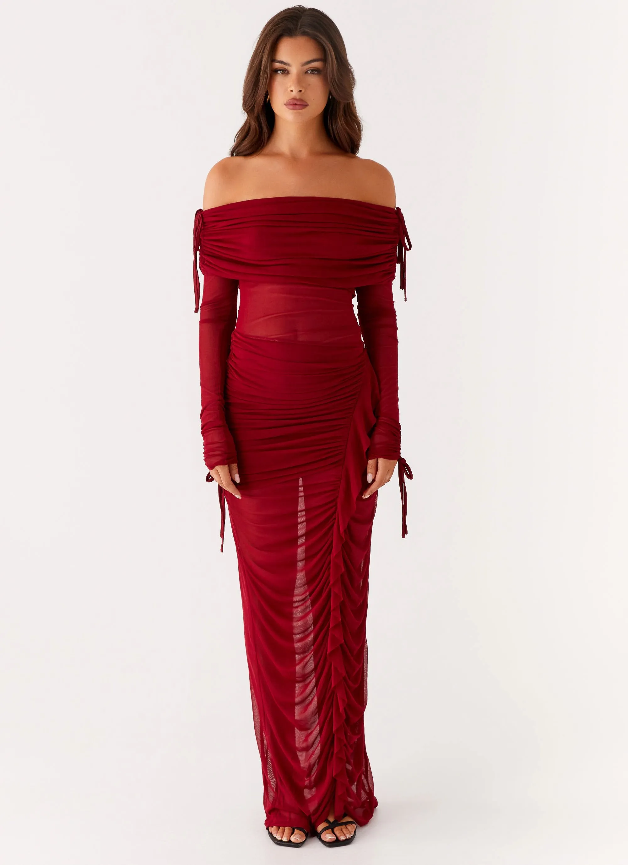 Stud-Detail Evening Classic Teala Mesh Maxi Dress - Red