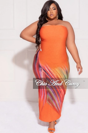 Freedom Move Final Sale Plus Size Strapless Tube BodyCon Dress in Orange Multi-Color Print