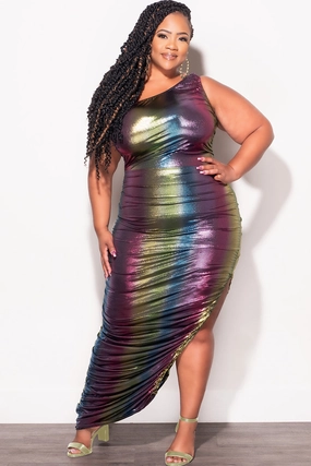 Final Sale Plus Size One Shoulder Midi Dress with Ruched Sides in Metallic/Foil Multiple-Color No Frills Fit