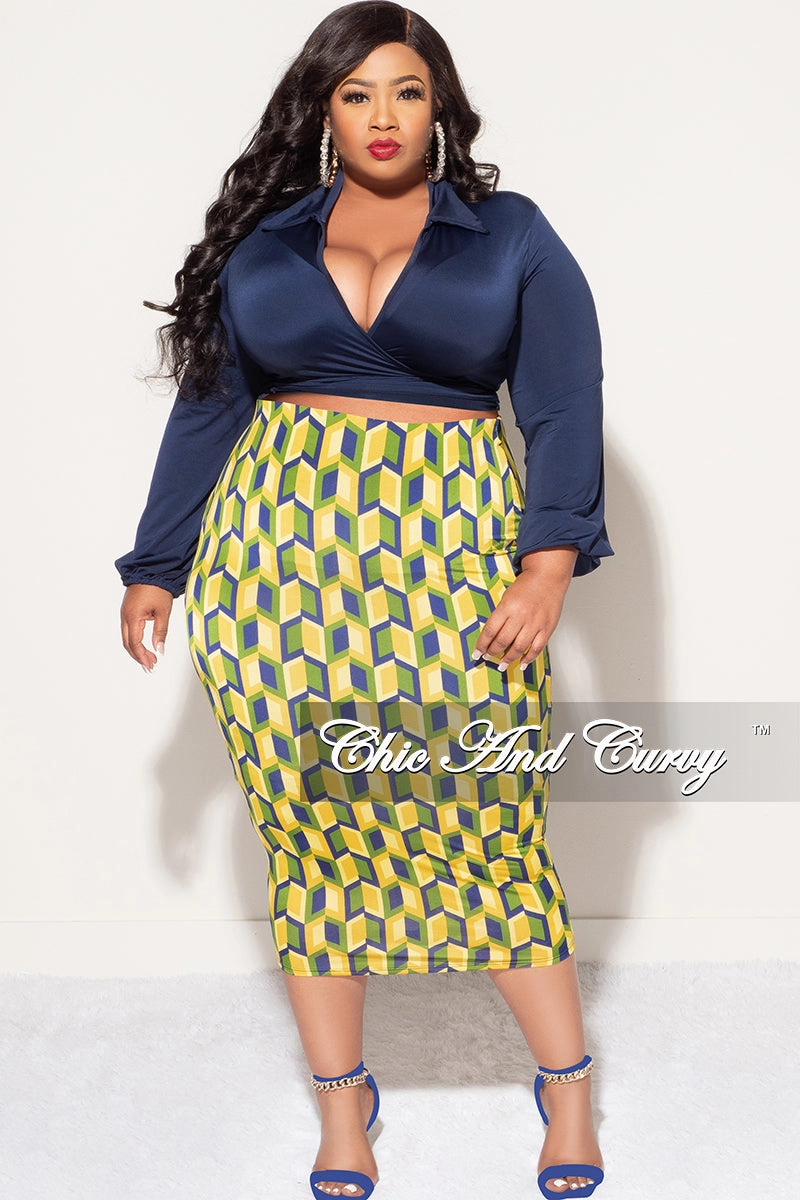 Final Sale Plus Size 2pc Long Sleeve Faux Wrap Collar Navy Crop Tie Top and Skirt Set in Yellow Multi Color Print No Iron Adjustable drawstring