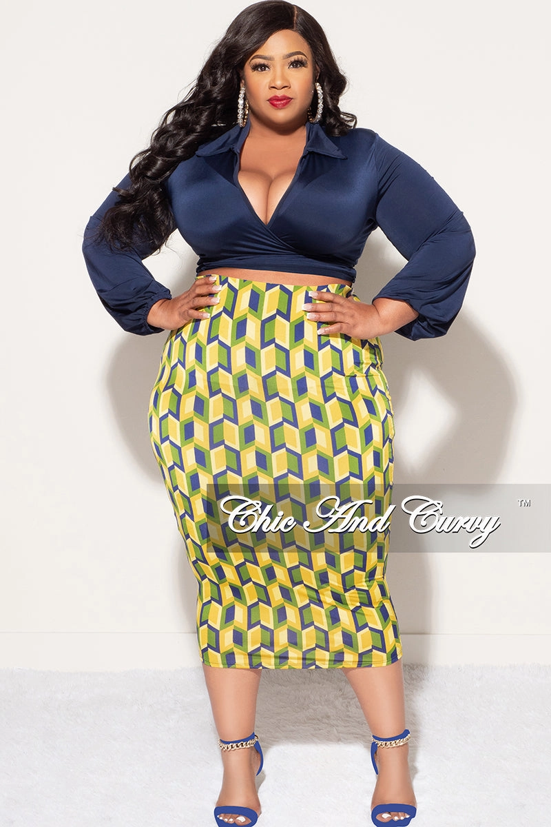 Compression Fit Thermal Regulating Fabric Final Sale Plus Size 2pc Long Sleeve Faux Wrap Collar Navy Crop Tie Top and Skirt Set in Yellow Multi Color Print