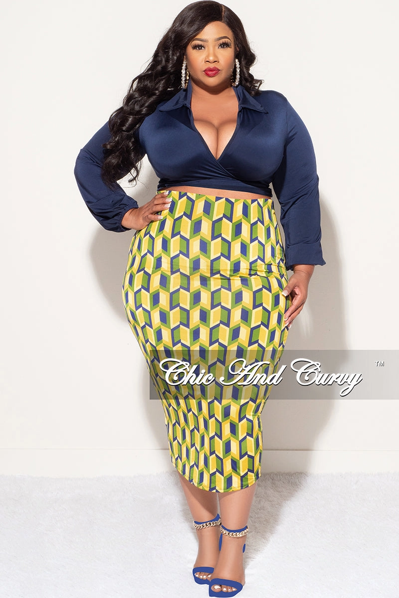 Sweat Resistant Chic Vibe Final Sale Plus Size 2pc Long Sleeve Faux Wrap Collar Navy Crop Tie Top and Skirt Set in Yellow Multi Color Print