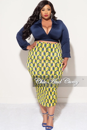Sweat Resistant Chic Vibe Final Sale Plus Size 2pc Long Sleeve Faux Wrap Collar Navy Crop Tie Top and Skirt Set in Yellow Multi Color Print
