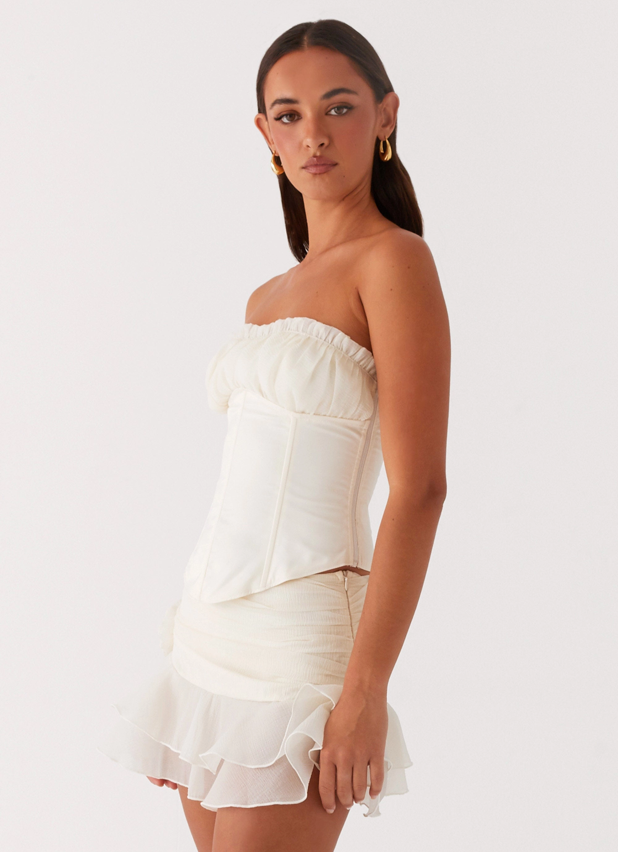 Call Me Never Strapless Corset Top - Ivory Reflective Trim Details