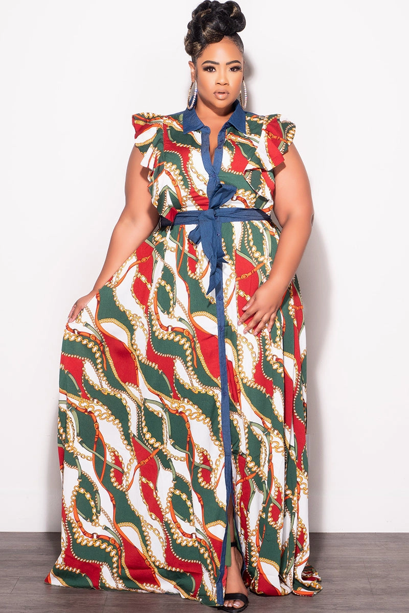 No Tag MoistureWicking Final Sale Plus Size Tie Maxi Dress in Wine & Green Chain Print Chambray Trim