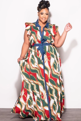 Final Sale Plus Size Tie Maxi Dress in Wine & Green Chain Print Chambray Trim Casual Performance Breathable Layer