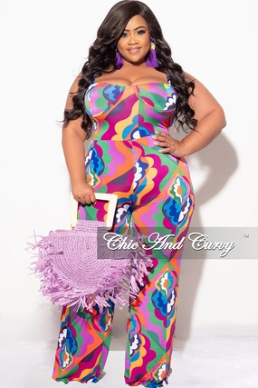 Final Sale Plus Size Spaghetti Strap Jumpsuit in Multi Design Print Functional Stretch