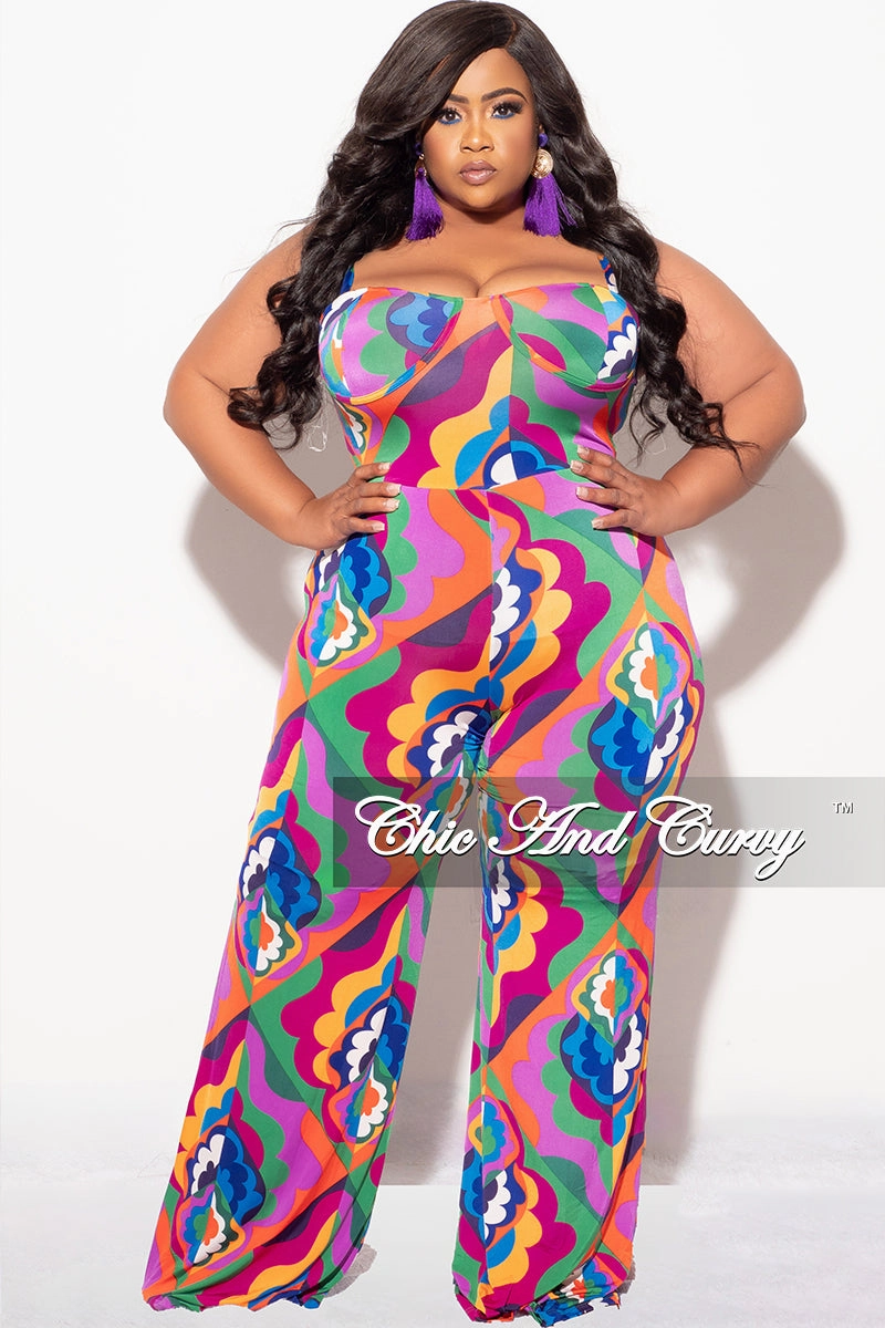 Active Utility Final Sale Plus Size Spaghetti Strap Jumpsuit in Multi Design Print