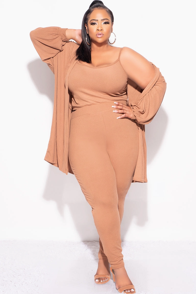 Final Sale Plus Size Ribbed 3pc Set Cardigan, Tank Crop Top, & Pants in Mocha MultiPocket