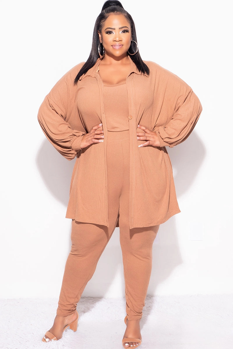 TemperatureRegulation Final Sale Plus Size Ribbed 3pc Set Cardigan, Tank Crop Top, & Pants in Mocha
