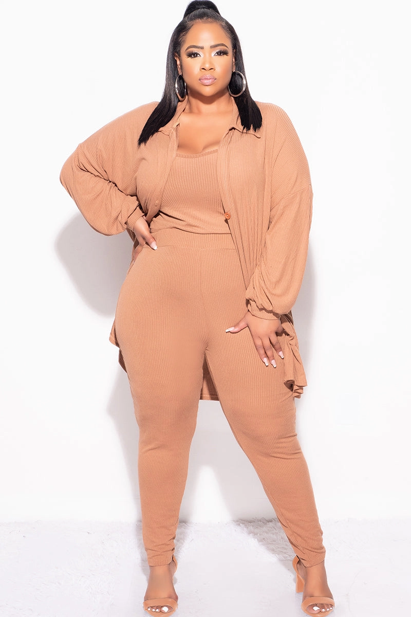 Final Sale Plus Size Ribbed 3pc Set Cardigan, Tank Crop Top, & Pants in Mocha Tough Wear