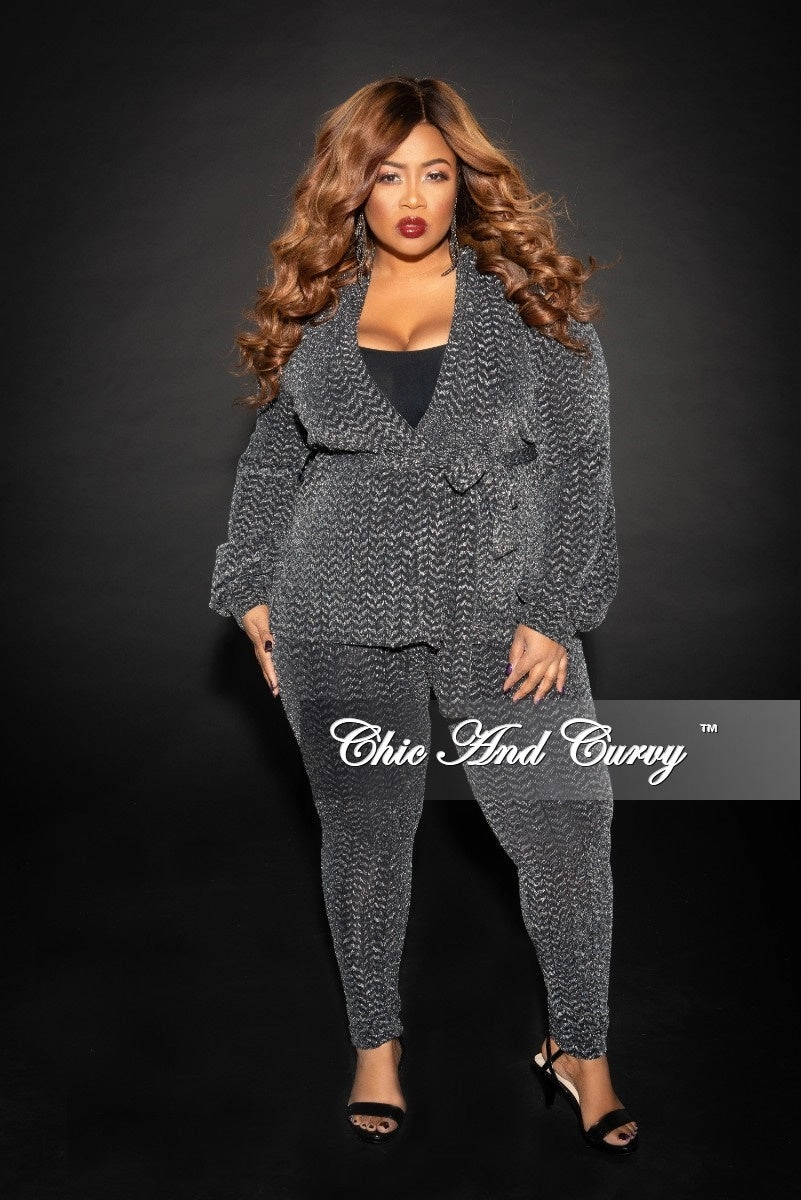 Airflow Mesh Panel Final Sale Plus Size Final Sale Plus Size Jacquard 2-Piece Lounge Set with Tie in Silver and Black Glitter (Seasonal)