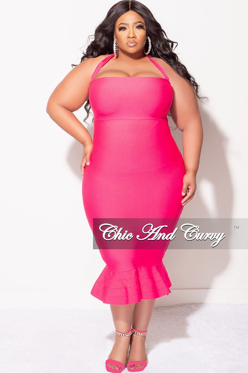 Final Sale Plus Size Halter Bandage Dress with Ruffle Bottom in Fuchsia LowProfileDesign