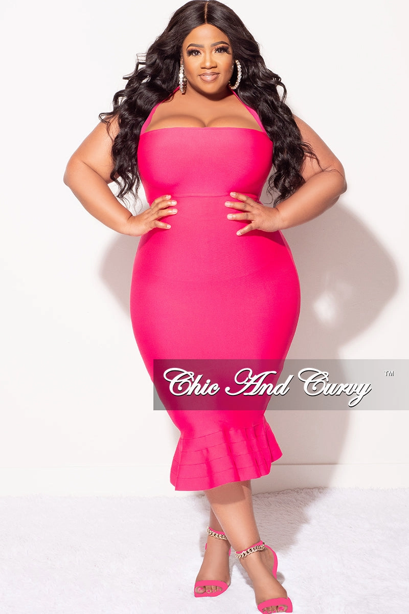 Final Sale Plus Size Halter Bandage Dress with Ruffle Bottom in Fuchsia Colorfast Dye Method Professional Wear