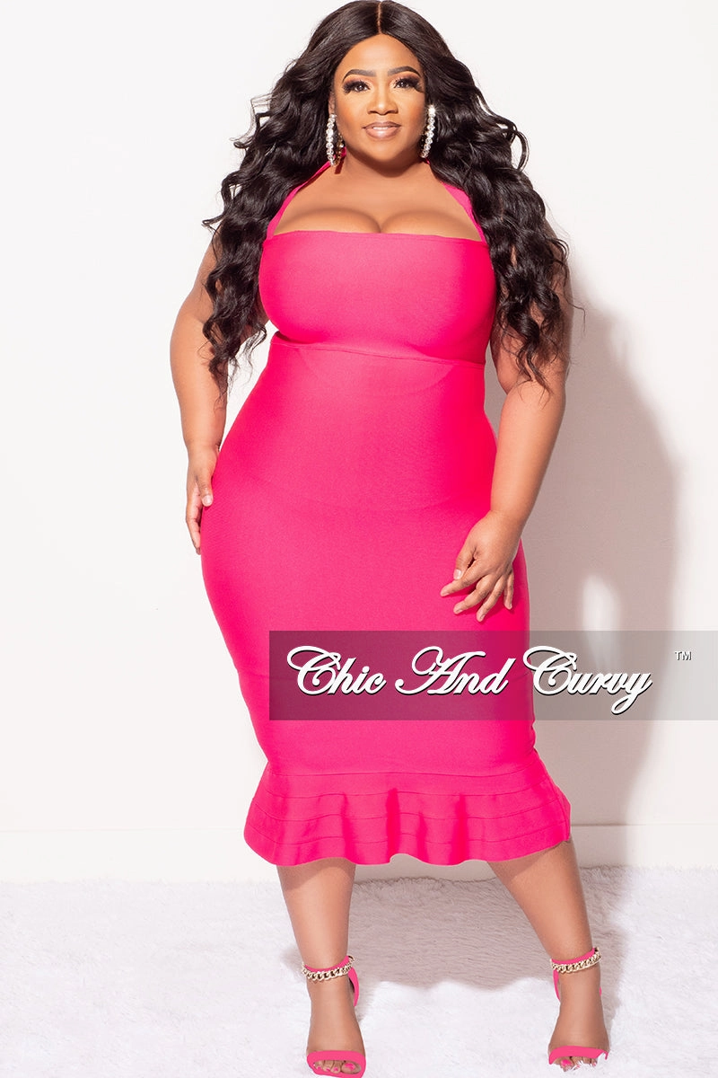 Summer Dress NonFadeFinish Final Sale Plus Size Halter Bandage Dress with Ruffle Bottom in Fuchsia