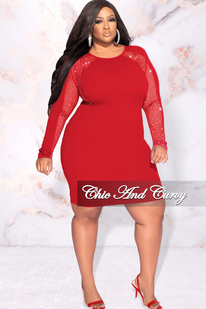 Final Sale Plus Size Rhinestone Sheer Sleeve BodyCon Dress in Red BreathableMeshPanel