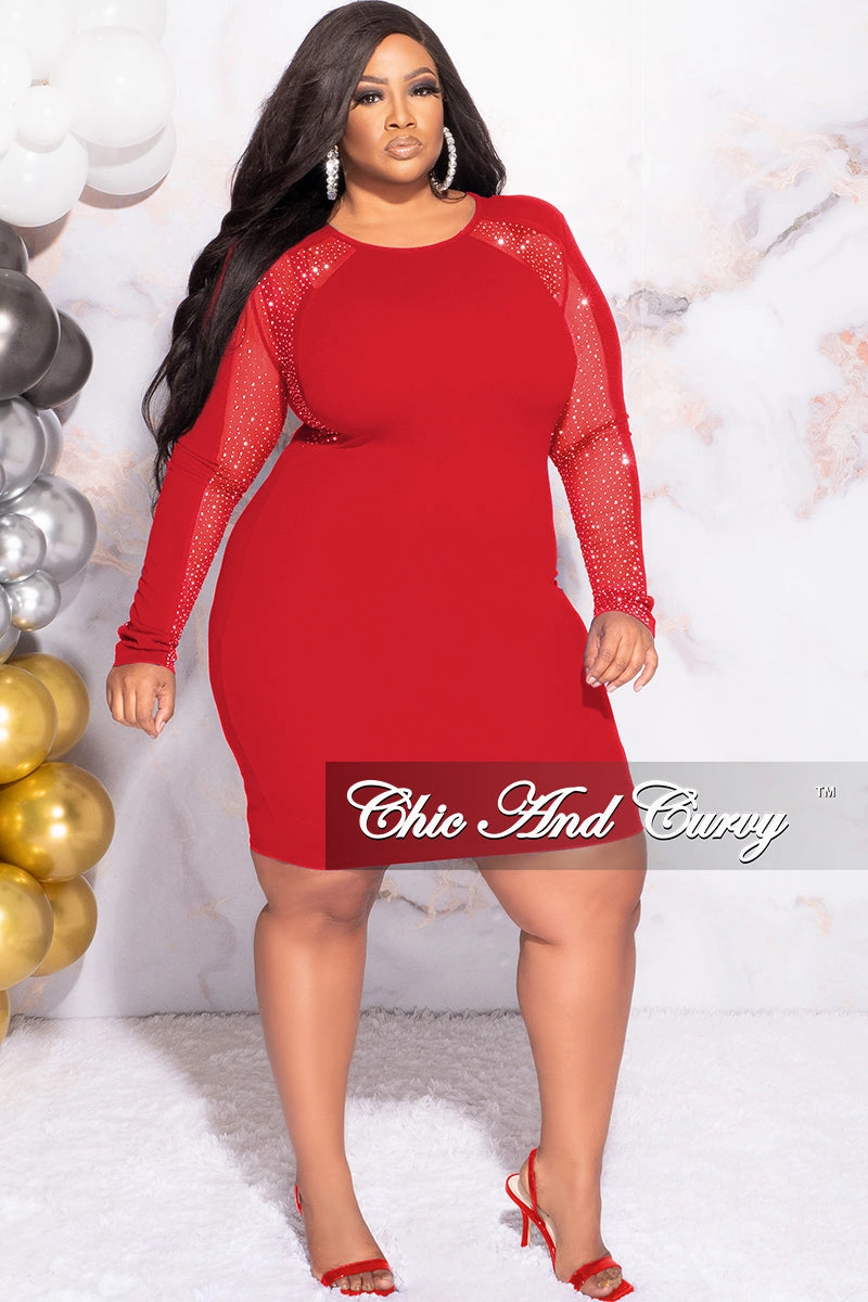 Final Sale Plus Size Rhinestone Sheer Sleeve BodyCon Dress in Red DoubleStitched Construction
