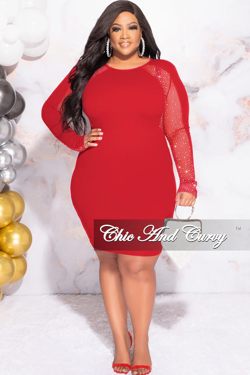 ElasticTrimming LightweightDesign Final Sale Plus Size Rhinestone Sheer Sleeve BodyCon Dress in Red