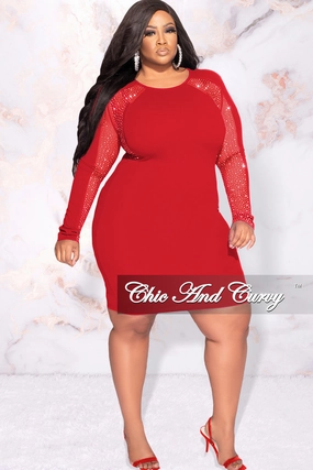 Final Sale Plus Size Rhinestone Sheer Sleeve BodyCon Dress in Red BreathableMeshPanel