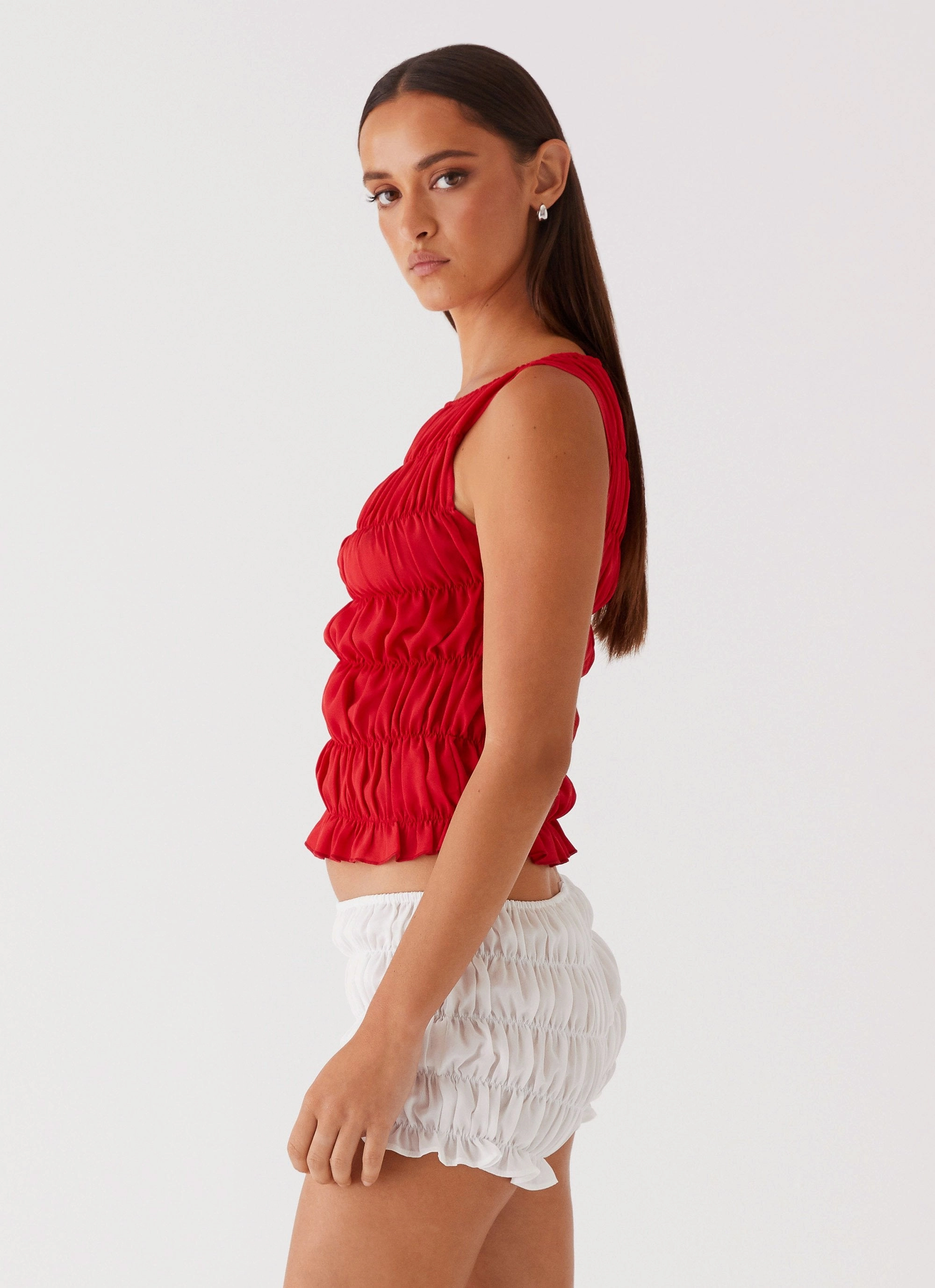 Messina Ruched Tank Top - Red Fleece Pullover