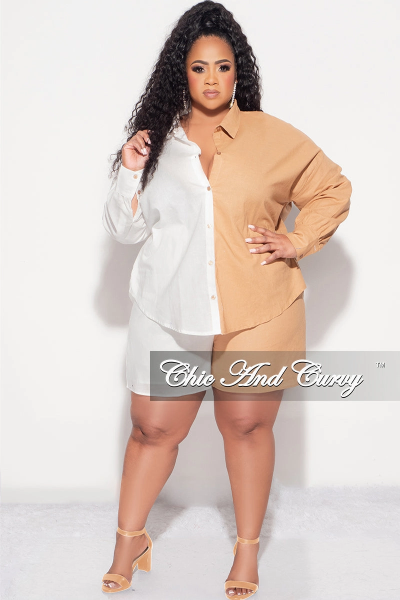 Final Sale Plus Size 2pc Collar Button Up Top and Short Set in Tan and White Durable Utility