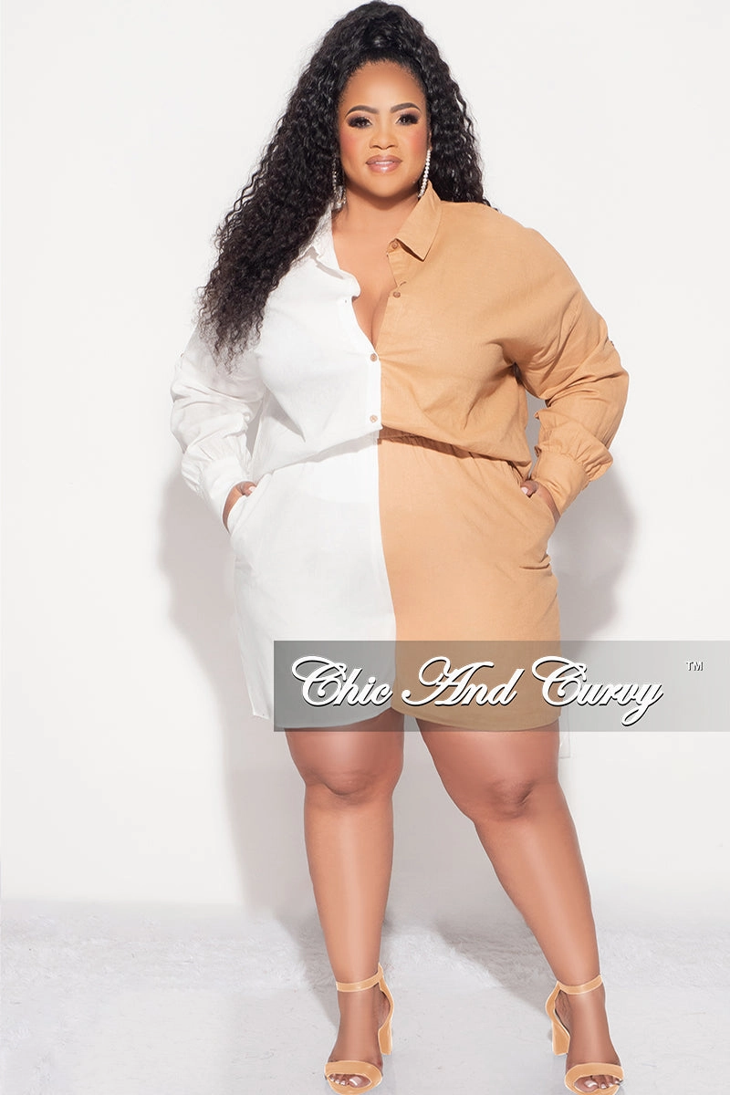 Final Sale Plus Size 2pc Collar Button Up Top and Short Set in Tan and White Ready For Action
