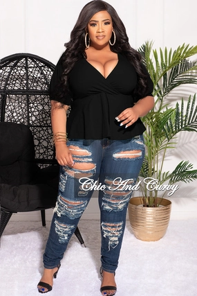 Final Sale Plus Size Techno Crepe  Peplum Top with 3/4 Sleeves in Black Ripstop Fabric Technology AntiPillingFabric