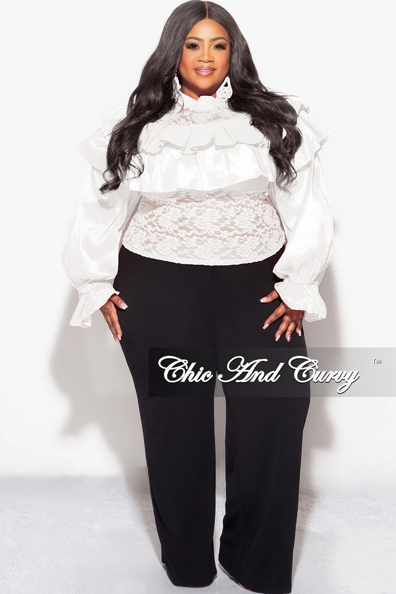 Ribbed Neckline Final Sale Plus Size Lace Ruffle Blouse in White