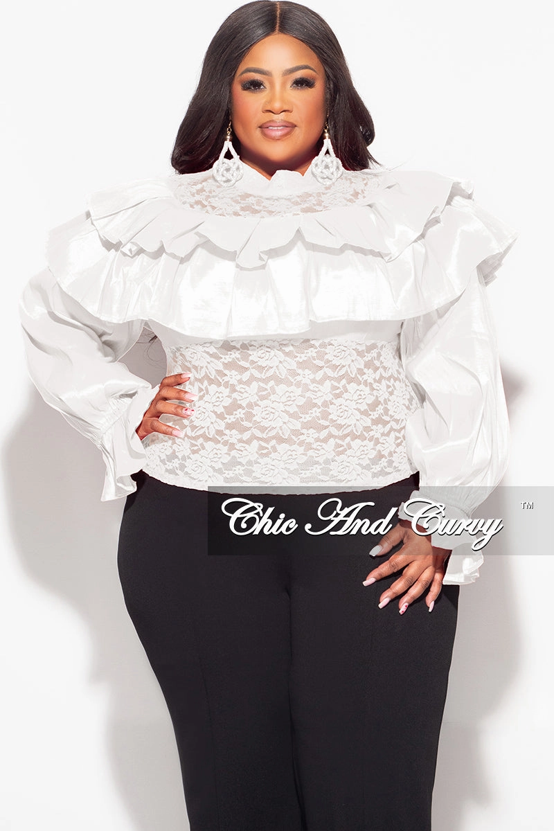 Final Sale Plus Size Lace Ruffle Blouse in White AllDaySoftness