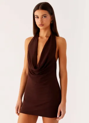 Saffron Skies Mini Dress - Chocolate Wrap Glow Elegant Charm