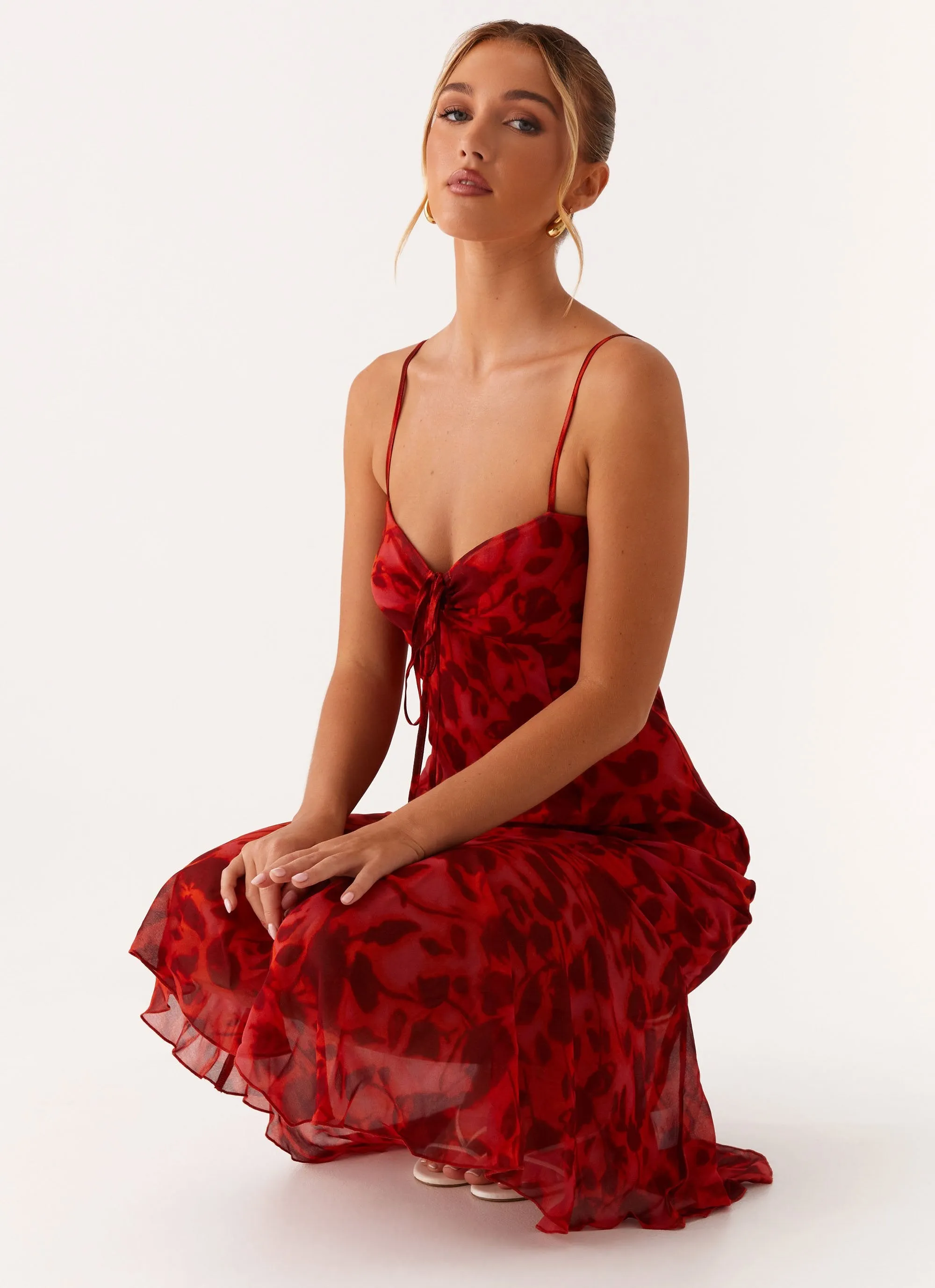 Work Vibe Elegant Touch Sally Midi Dress - Deep Red Floral
