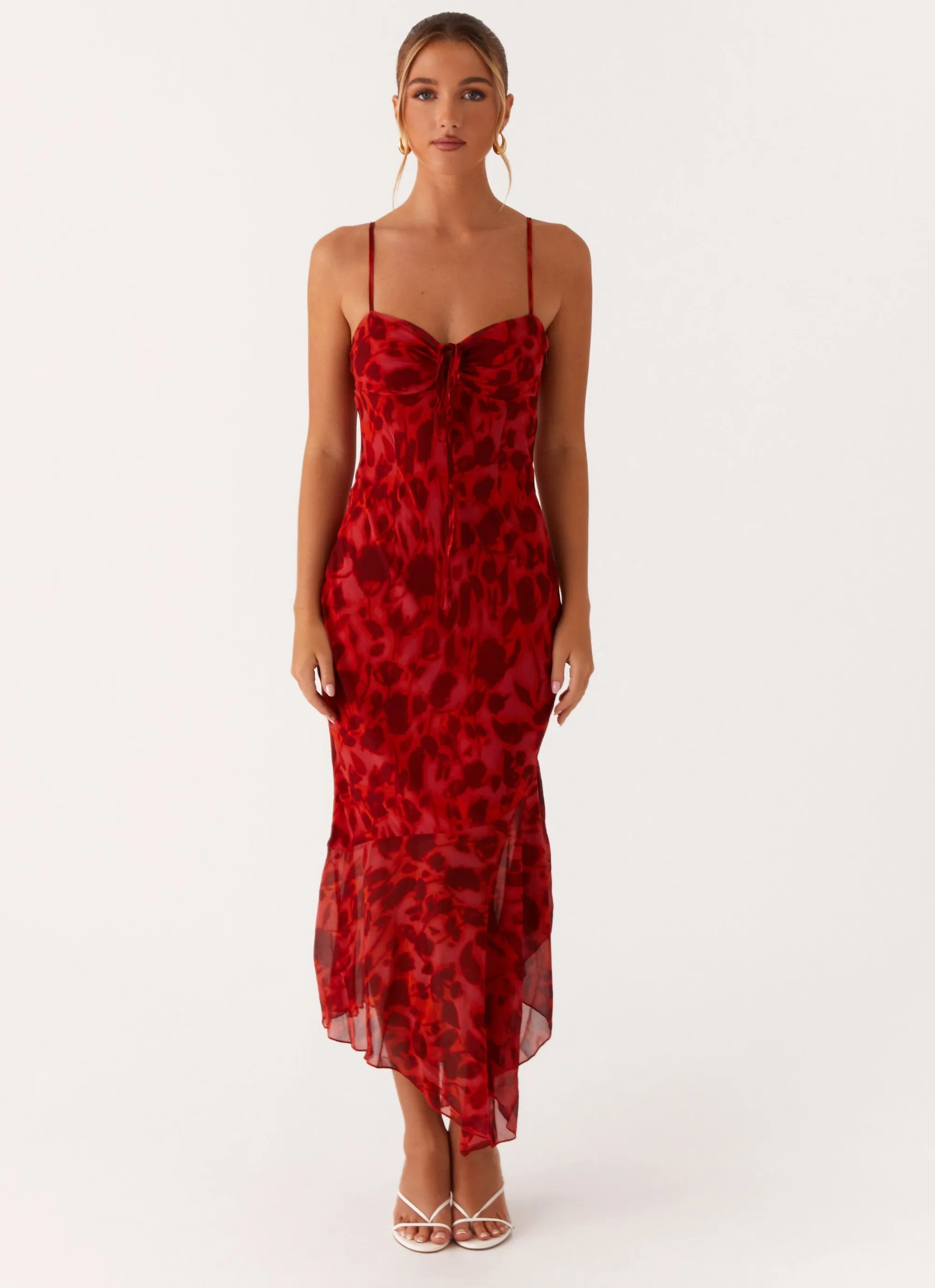 Versatile Cut Sally Midi Dress - Deep Red Floral