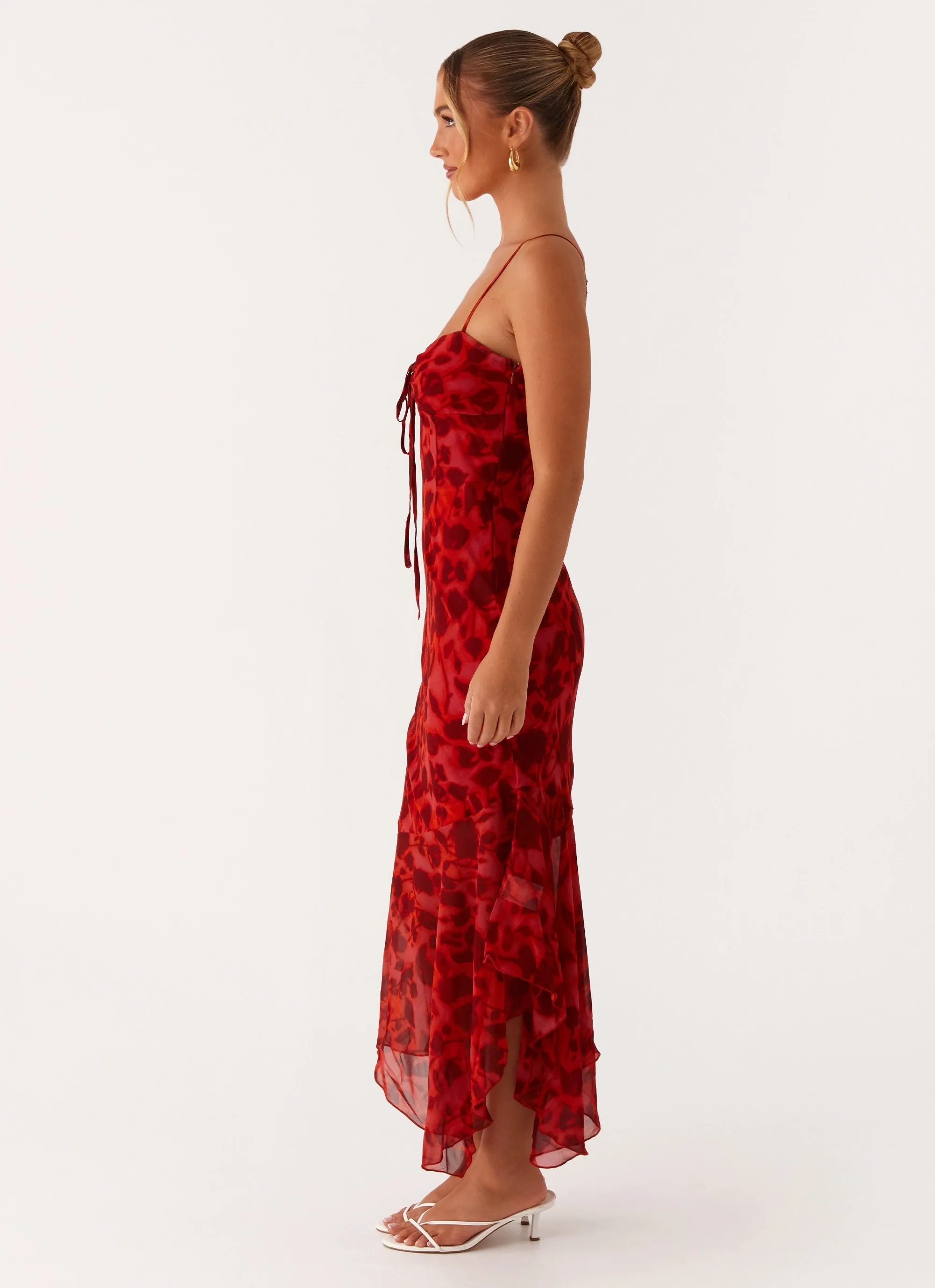 Sally Midi Dress - Deep Red Floral Date-Night
