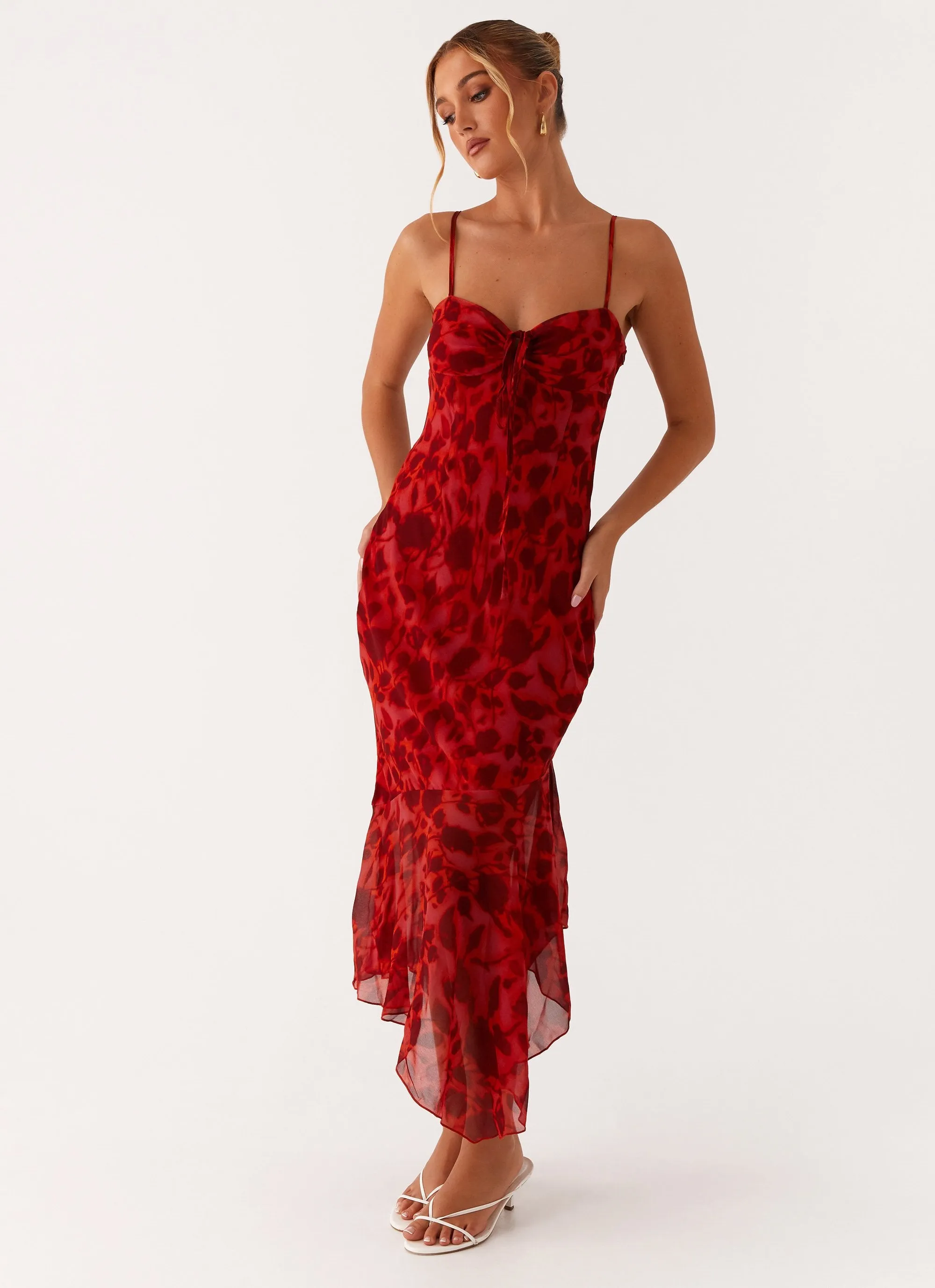 Panelled-Design Fashionable Layers Sally Midi Dress - Deep Red Floral