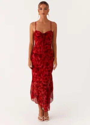 Versatile Cut Sally Midi Dress - Deep Red Floral