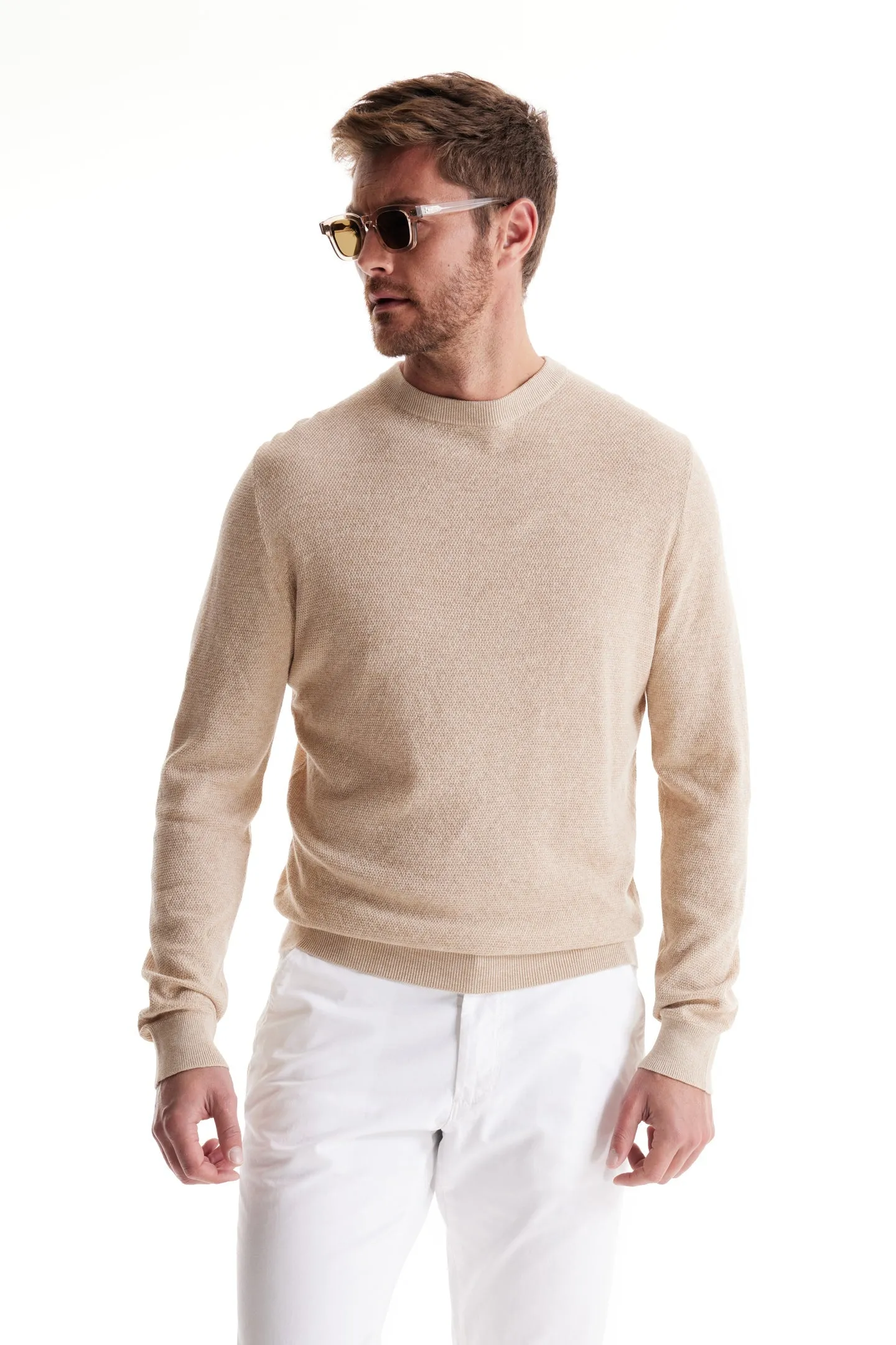 Soft Cloth Crewneck Sweater in Birdseye Jersey - Crema