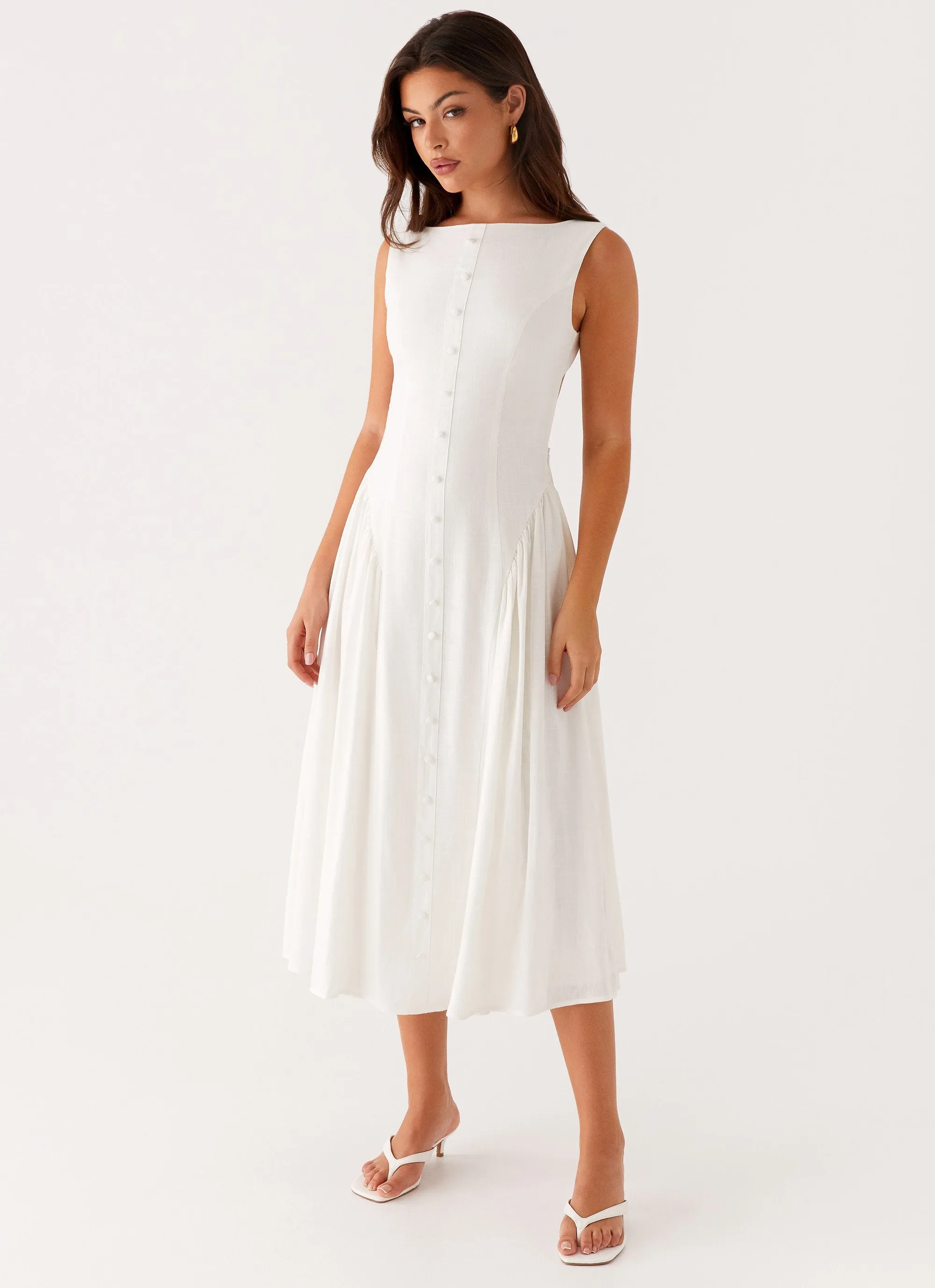 ElasticWaistband Sleek Outline Maylah Midi Dress - White