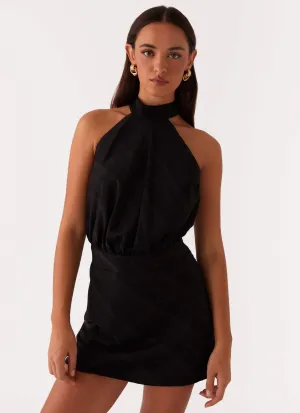 Camera Shy Mini Dress - Black Satin-Finish
