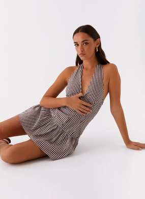 New Look Shirred Halter Mini Dress - Chocolate Gingham Smart Fabric Winter Layering