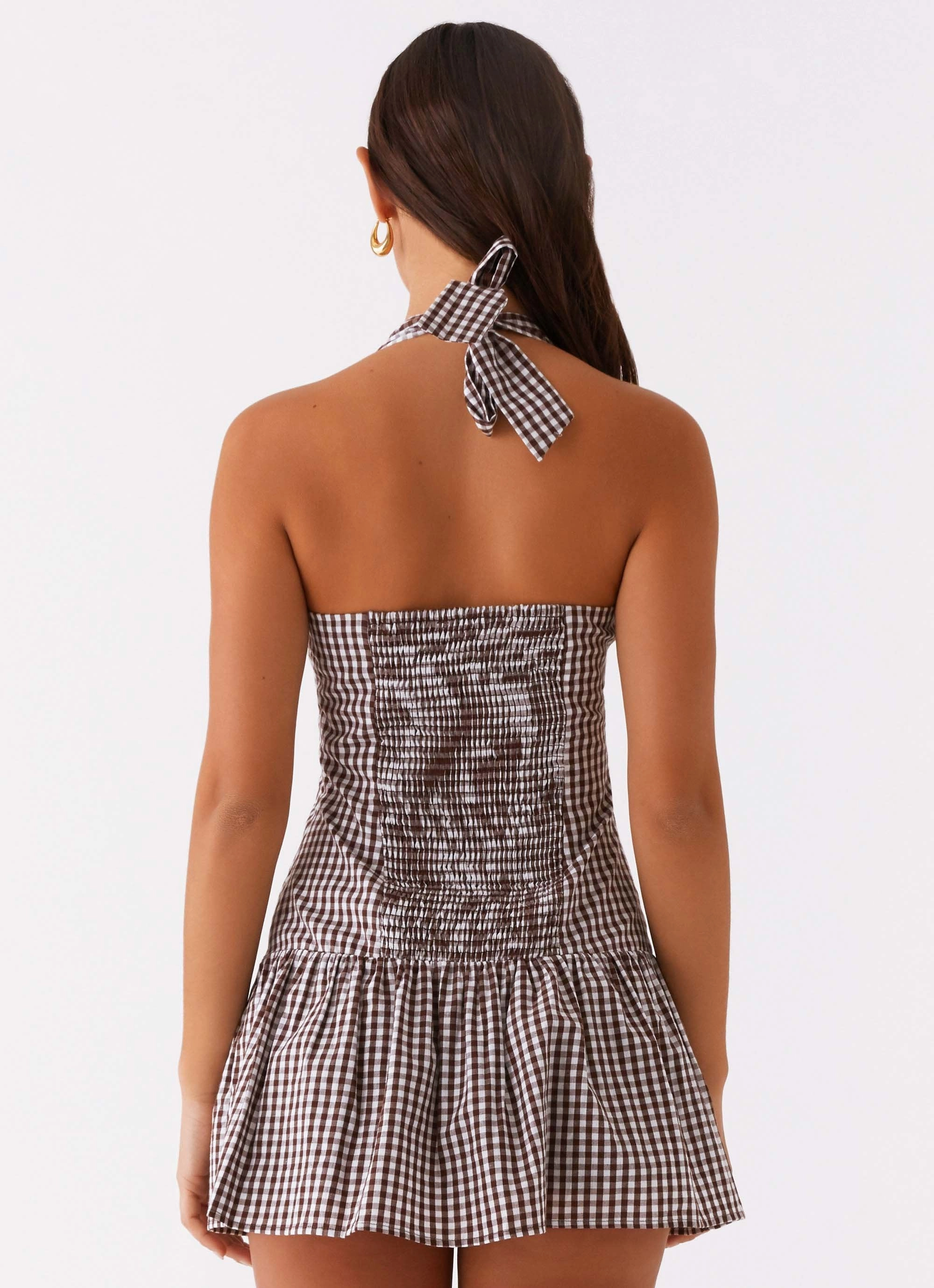 Everyday-Comfort Fine Details New Look Shirred Halter Mini Dress - Chocolate Gingham