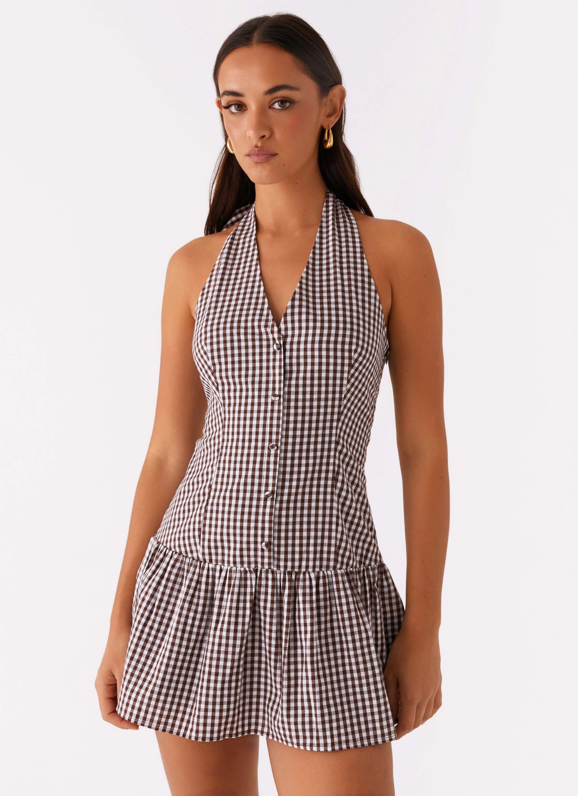 New Look Shirred Halter Mini Dress - Chocolate Gingham Natural Form Festival-Ready