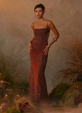Subtle Edge Bayla Beaded Flower Maxi Dress - Chocolate