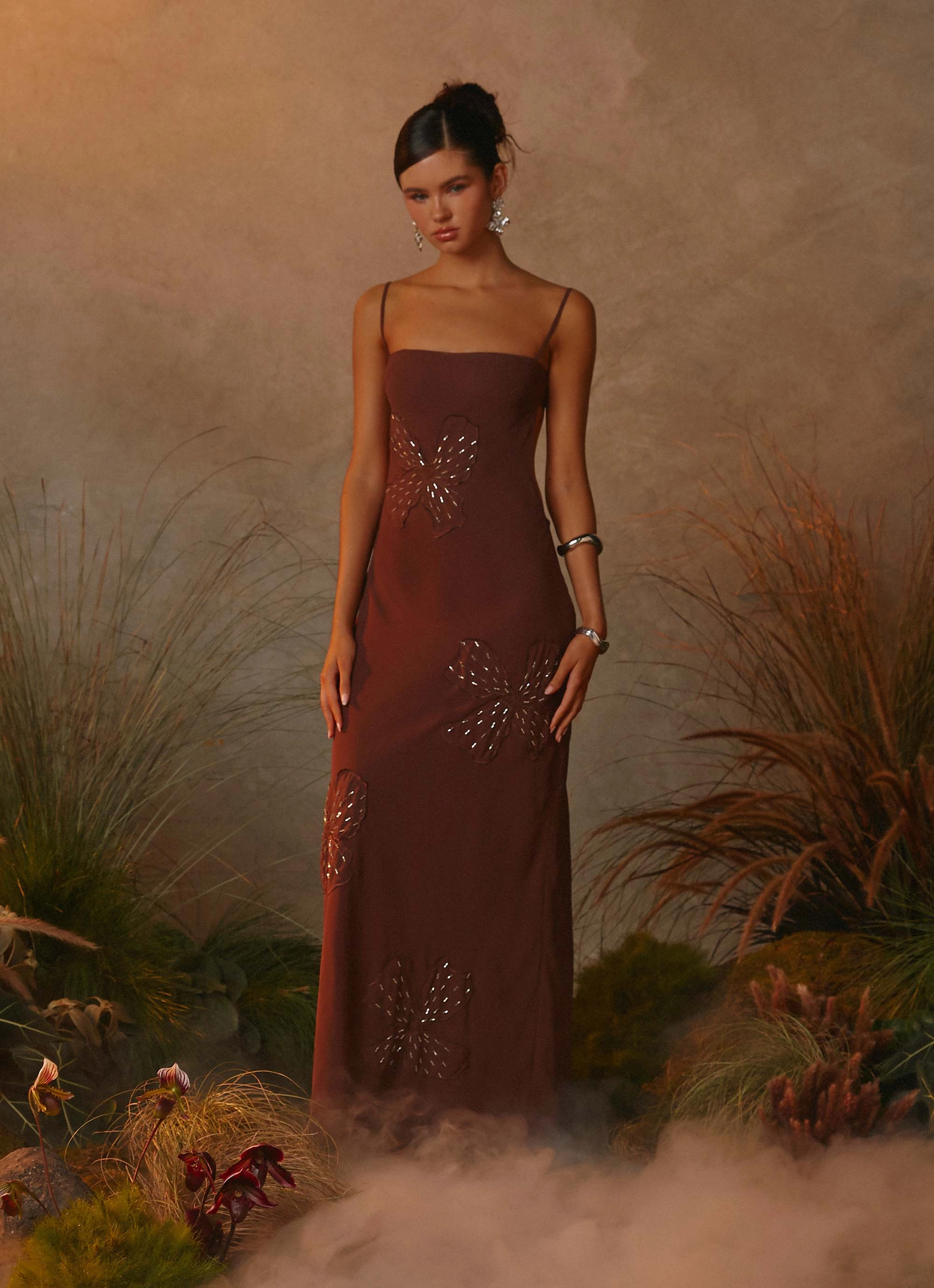 Bayla Beaded Flower Maxi Dress - Chocolate Timeless Wearable Art Event